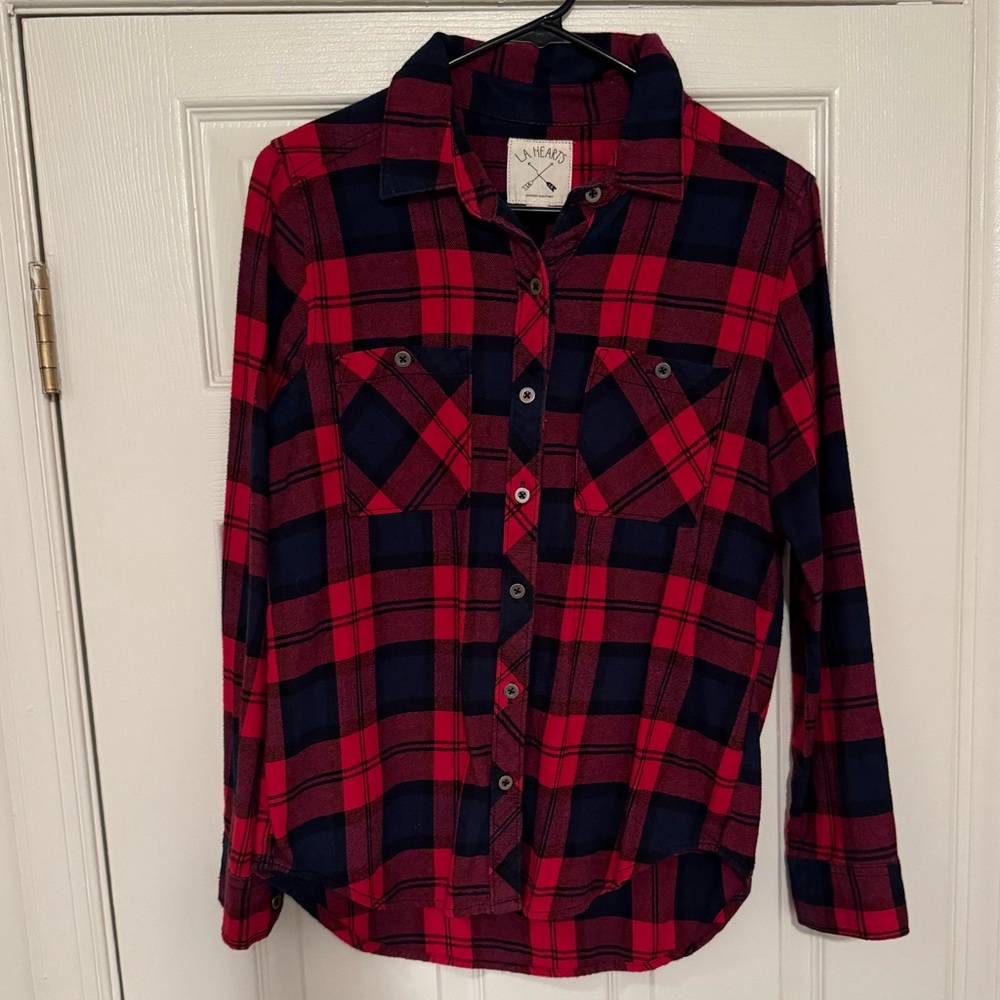 LA Hearts Navy Blue & Red Button Up Flannel Shirt